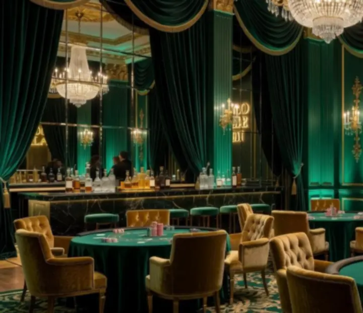 Eleganckie oświetlenie sceny i stołów w stylu Casino Royale z akcentami zieleni i złota