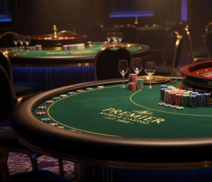 Mobilne stoły pokerowe, ruletka i stanowiska blackjack przygotowane na wieczór rozrywkowy