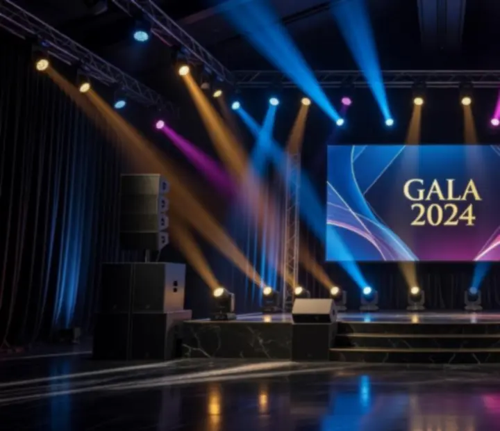 Profesjonalne oświetlenie i nagłośnienie przygotowane na scenie eventowej