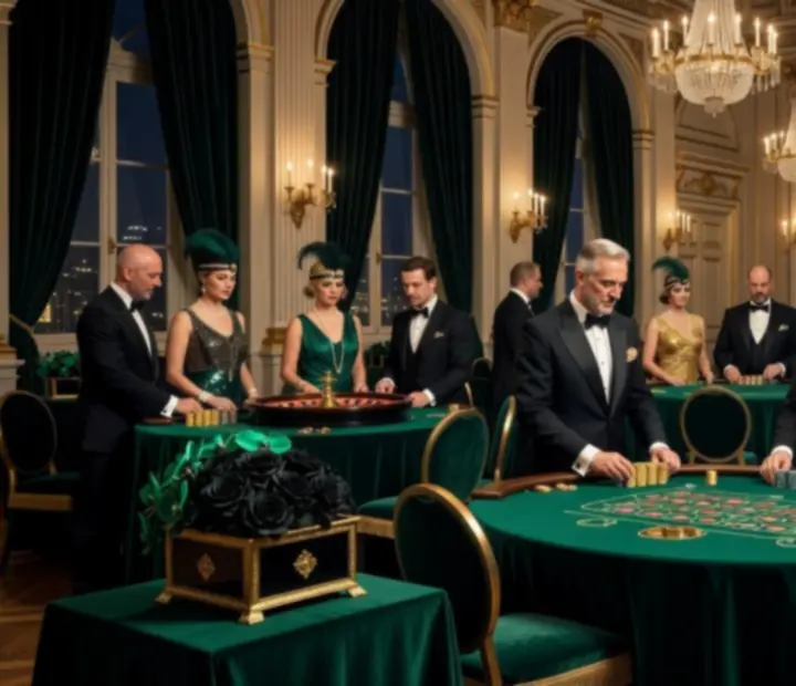 Gala firmowa w stylu Great Gatsby ze strefą rozrywki, złotymi dekoracjami i gośćmi przy stołach do pokera i ruletki
