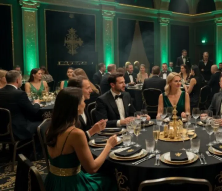 Elegancka sala gali z dekoracjami tematycznymi i emeraldowo-złotą oprawą