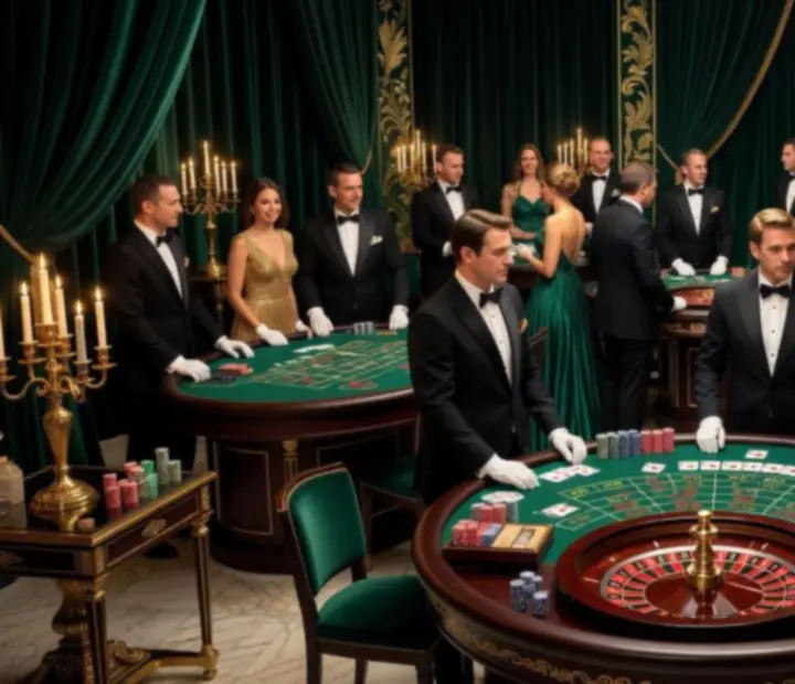 Sala eventowa z dekoracjami w stylu Monte Carlo i stołami do gry