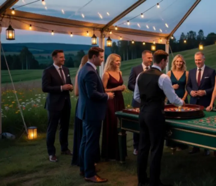 Letni event plenerowy pod namiotem z mobilnym stołem do ruletki i wieczorną iluminacją świetlną