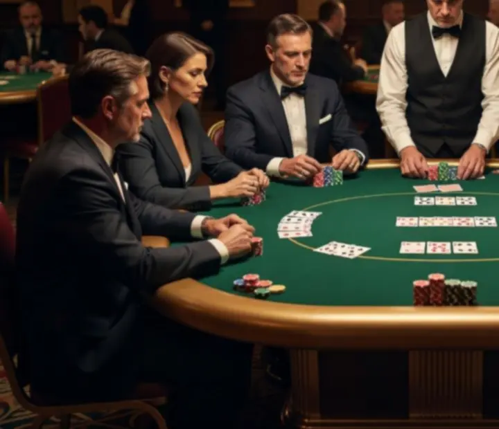 Profesjonalny stół pokerowy z krupierem i zielonym suknem