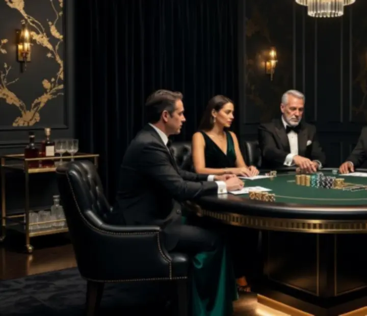 Konferencyjna sala przekształcona w klubowy premium poker room z zielonymi stołami i nastrojowym oświetleniem